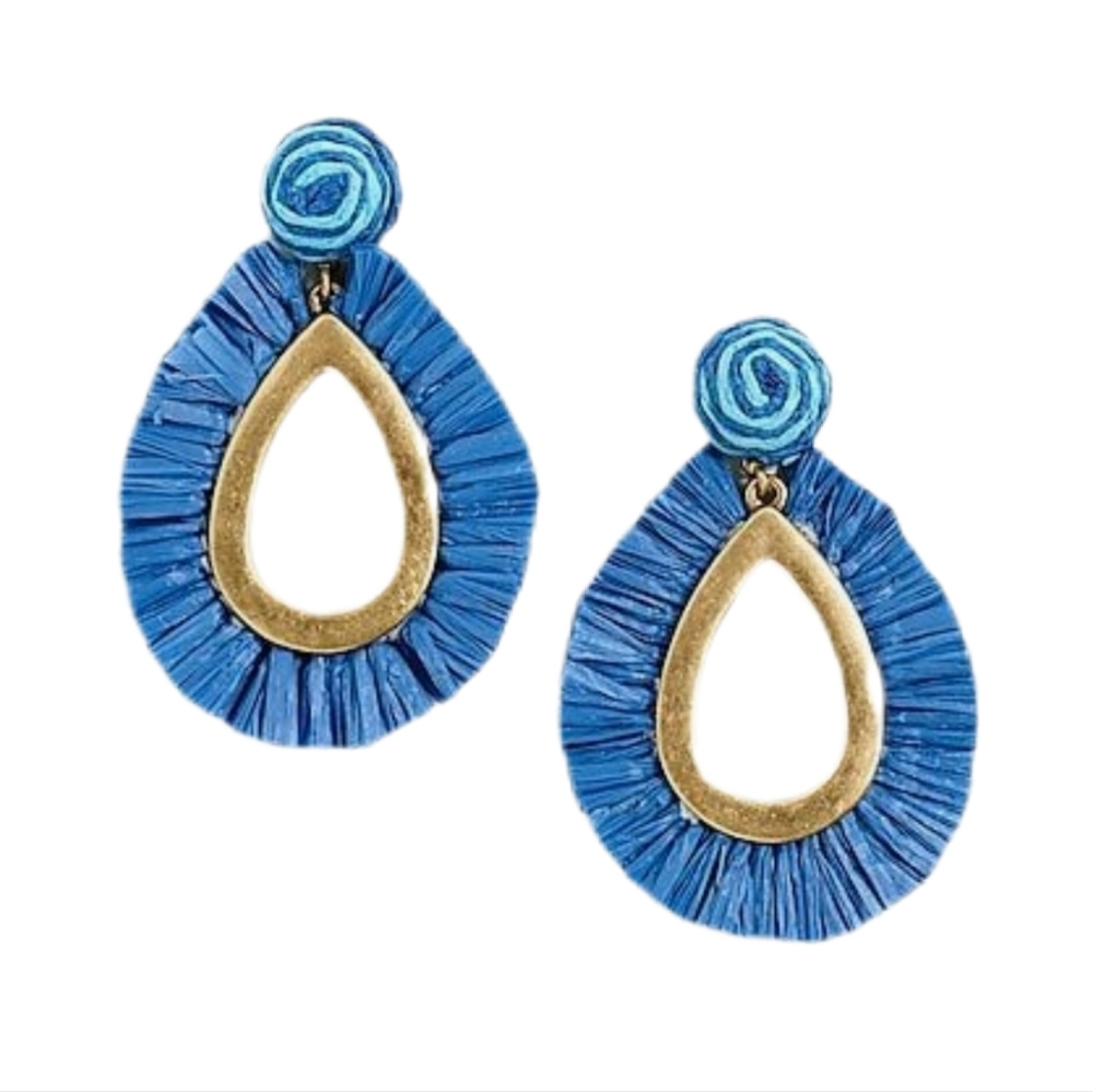 J Crew Factory Blue Raffia and Gold Teardrop Earrings